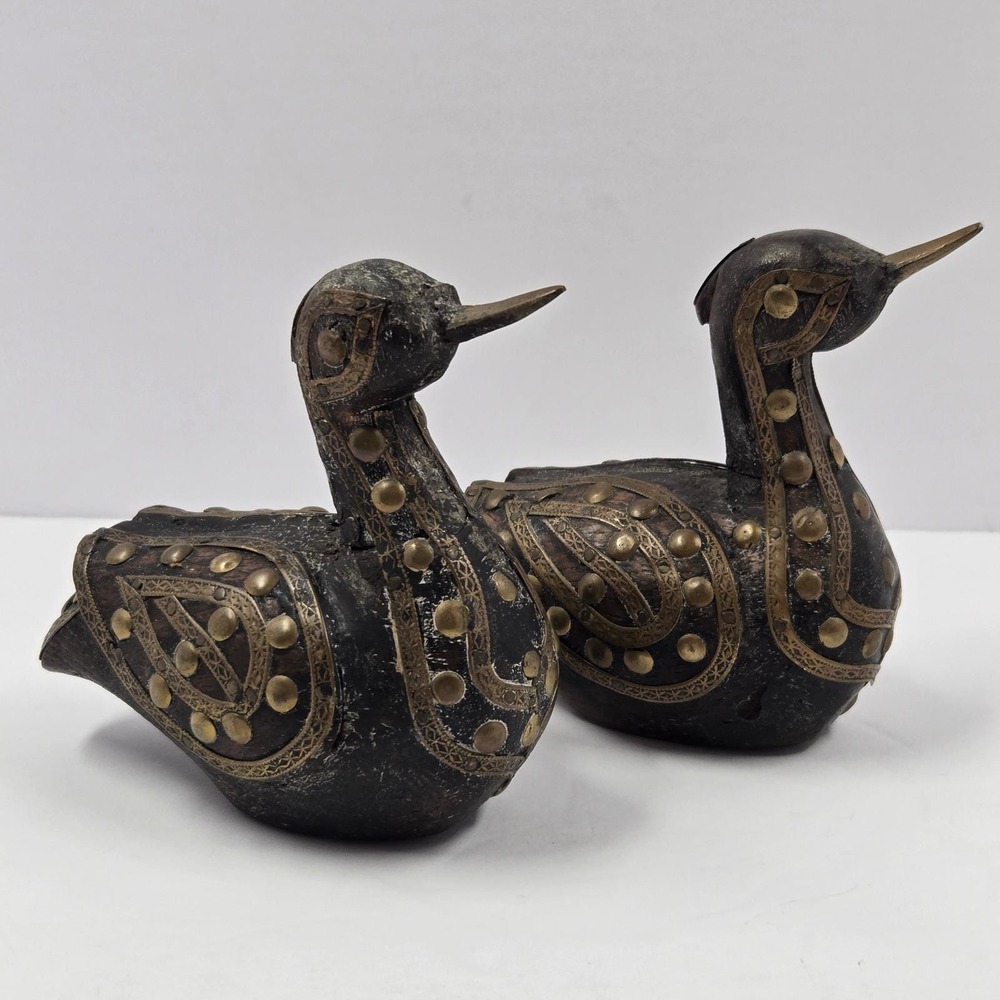 Vintage Hand Carved Wood Brass Inlay Duck Figurine Set Studded Folk Art 2pc